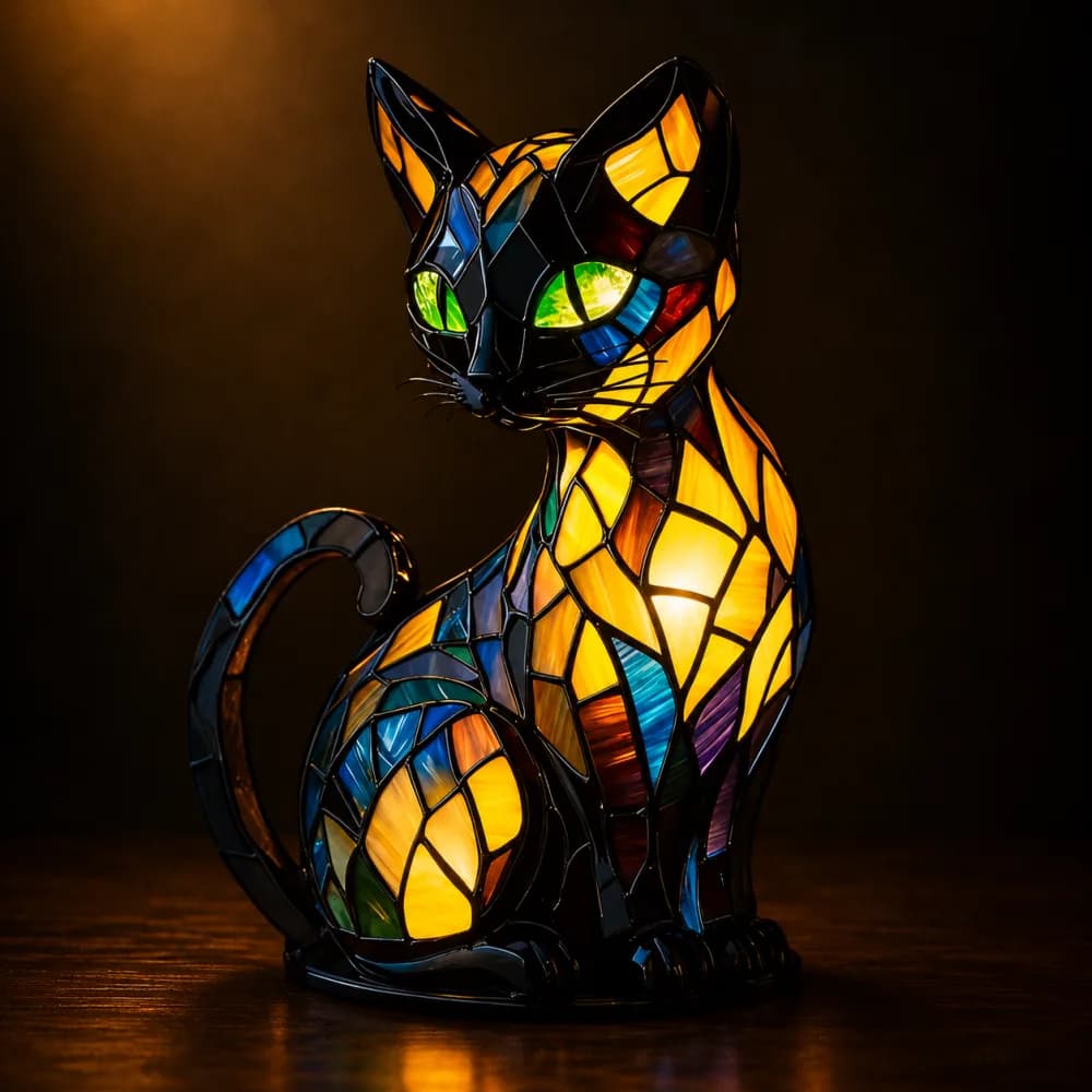 Handmade cat lamp glowing warmly